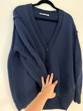 Women's Navy V-Neck Button Cardigan Sweater